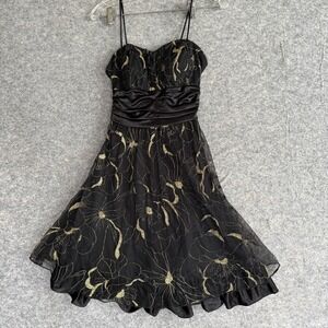 La Scala Dress‎ Womens Medium Black Gold Floral Made USA Satin Waist Whimsigoth